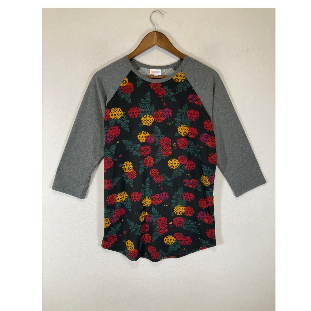 Boho LuLaRoe Womens Large Black Gray Floral Geometric Randy Raglan Baseball Tee